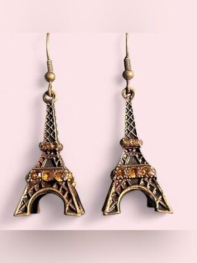 Eiffel Tower Drop Earrings in Antique Gold with Amber Stones